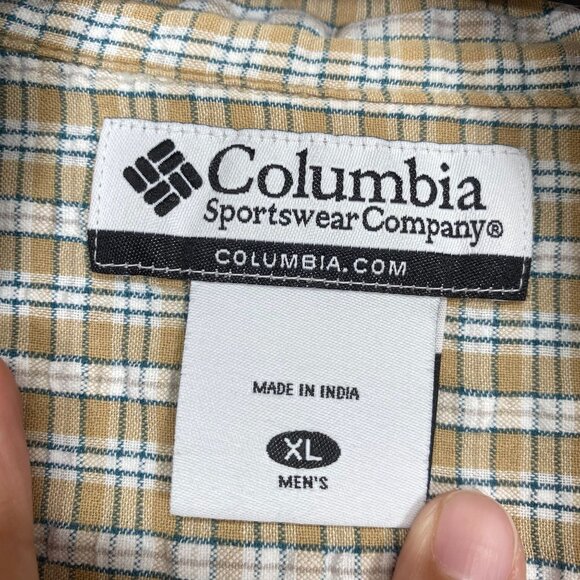 Columbia Mens XL Short-Sleeve Plaid Button-Up Shirt Beige & White 100% Cotton - Picture 5 of 12